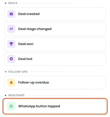 The Choose a trigger list scrolled to the WhatsApp group, with WhatsApp button tapped outlined
