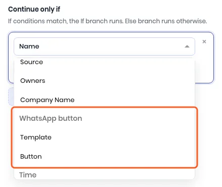 The If / else field list open, with the WhatsApp button group and its Template and Button fields outlined