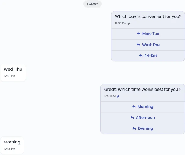 A WhatsApp thread: the template asks which day is convenient with three buttons, the lead taps Wed-Thu, the automation sends the next template asking for a time, and the lead taps Morning