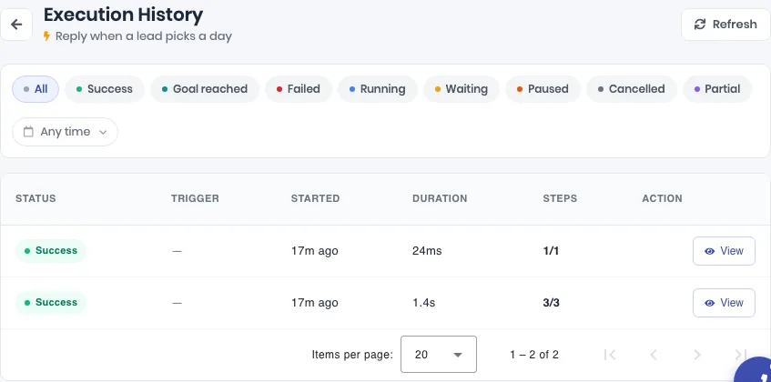 Execution History for the workflow with two runs marked Success, one with 1/1 steps and one with 3/3