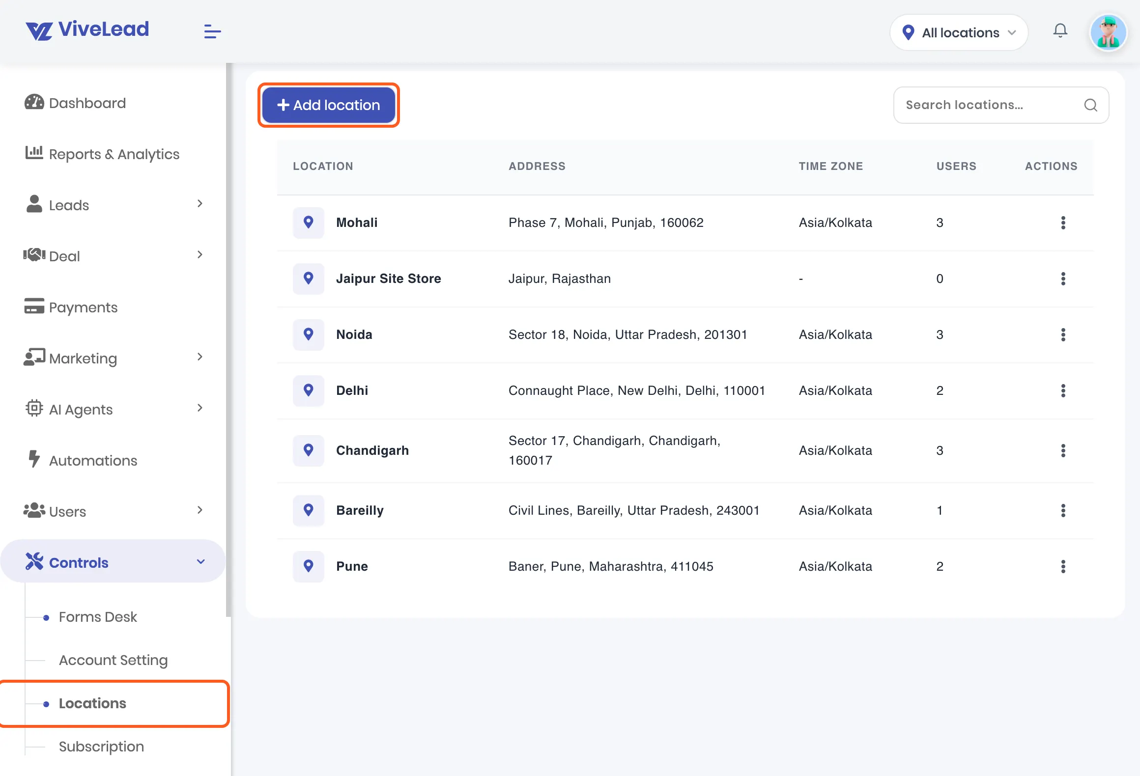 The Locations page listing Mohali, Jaipur Site Store, Noida, Delhi, Chandigarh, Bareilly and Pune with address, time zone and users. Outlined: Locations in the sidebar under Controls, and Add location