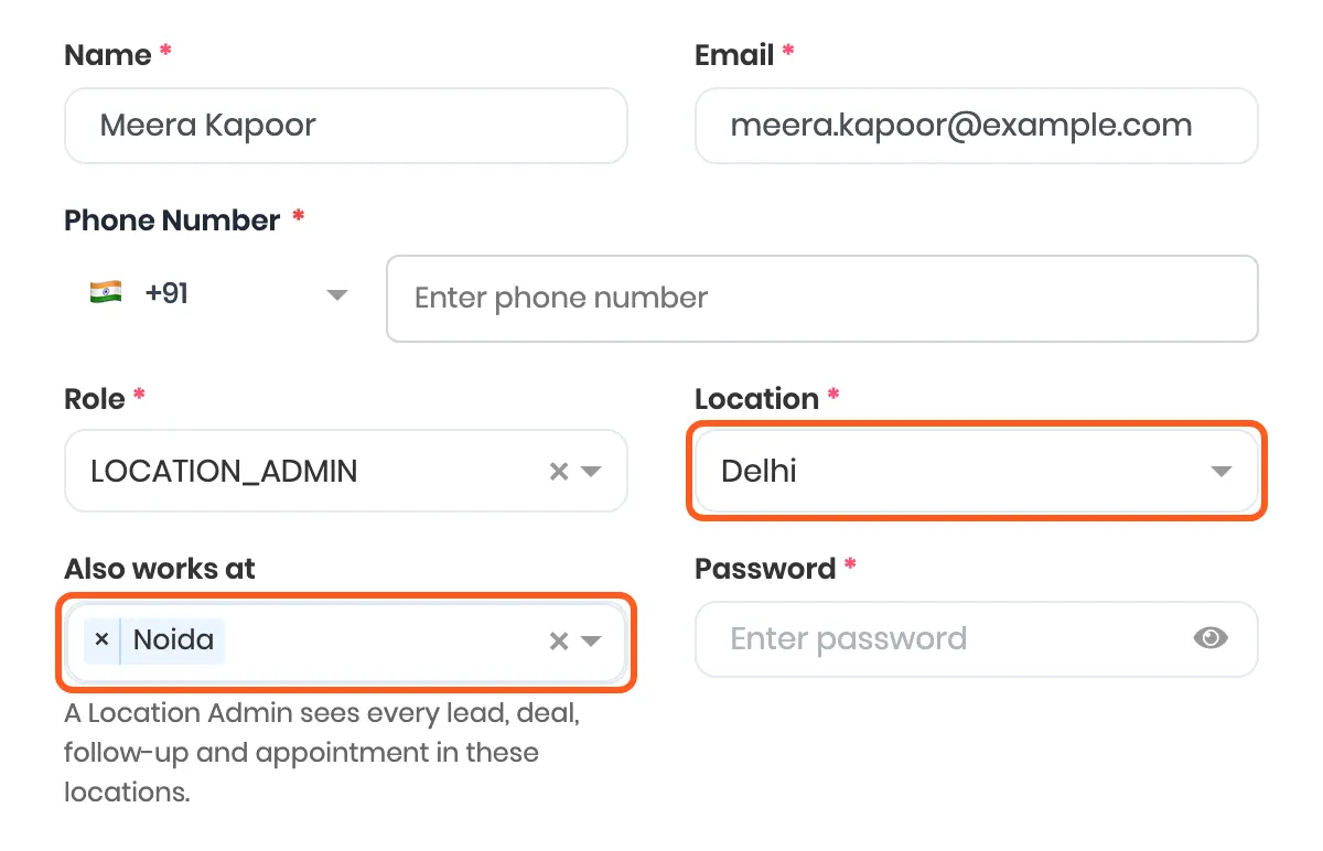 The Create User form for Meera Kapoor with Role LOCATION_ADMIN, Location Delhi and Also works at Noida, and the note: A Location Admin sees every lead, deal, follow-up and appointment in these locations. Outlined: Location and Also works at