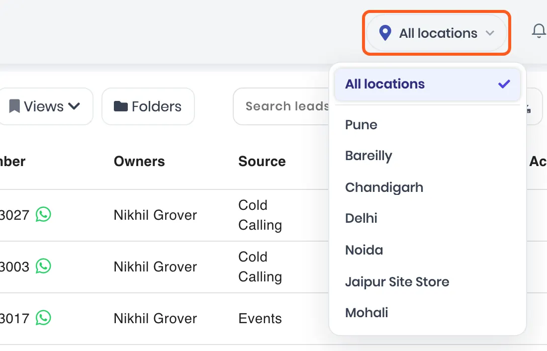 The location picker open at the top right, showing All locations ticked, then Pune, Bareilly, Chandigarh, Delhi, Noida, Jaipur Site Store and Mohali. Outlined: the picker
