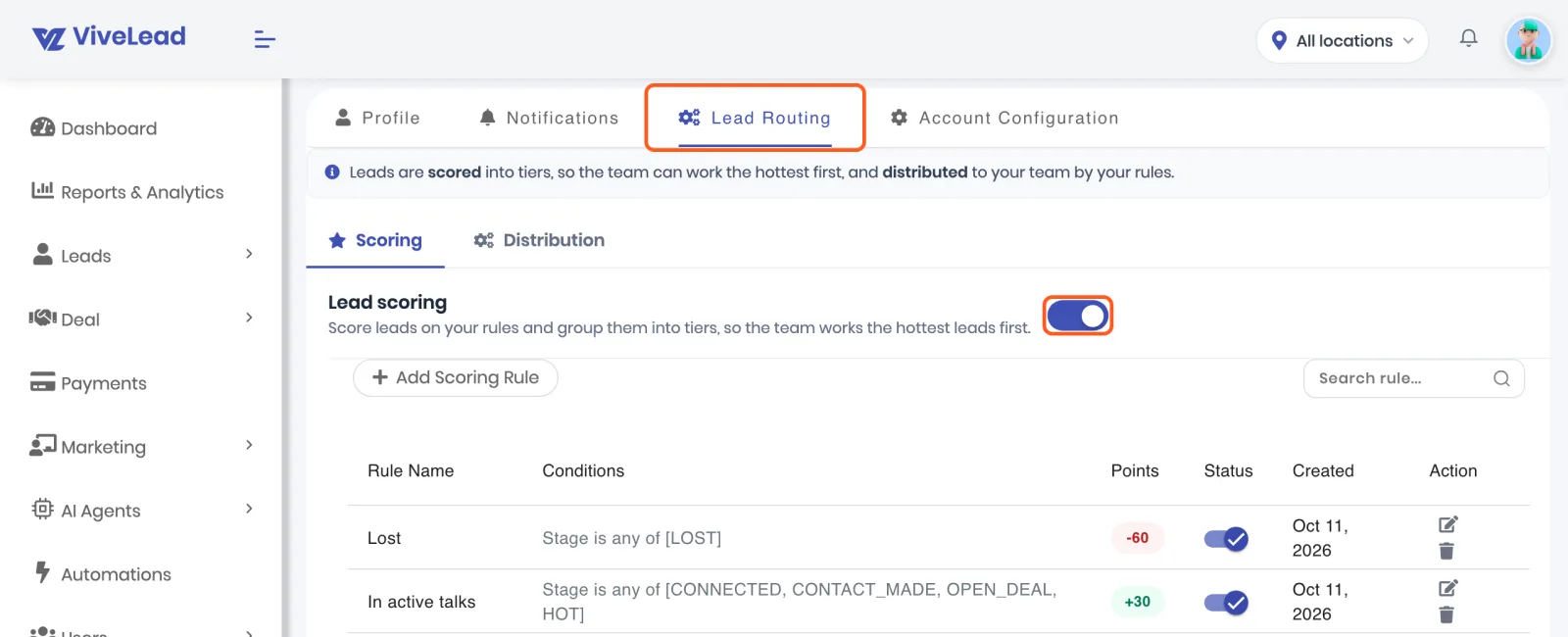 Account Setting on the Lead Routing tab, Scoring sub-tab, with the Lead scoring switch on and the rules table below. Outlined: the Lead Routing tab and the Lead scoring switch