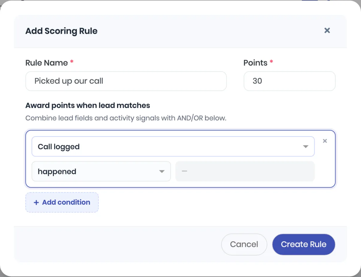 The Add Scoring Rule dialog: Rule Name Picked up our call, Points 30, and one condition, Call logged happened