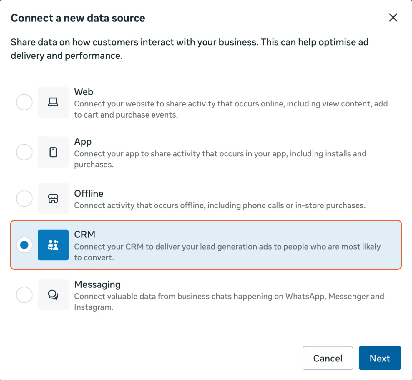 Meta’s Connect a new data source window with CRM selected, below the Web, App and Offline options