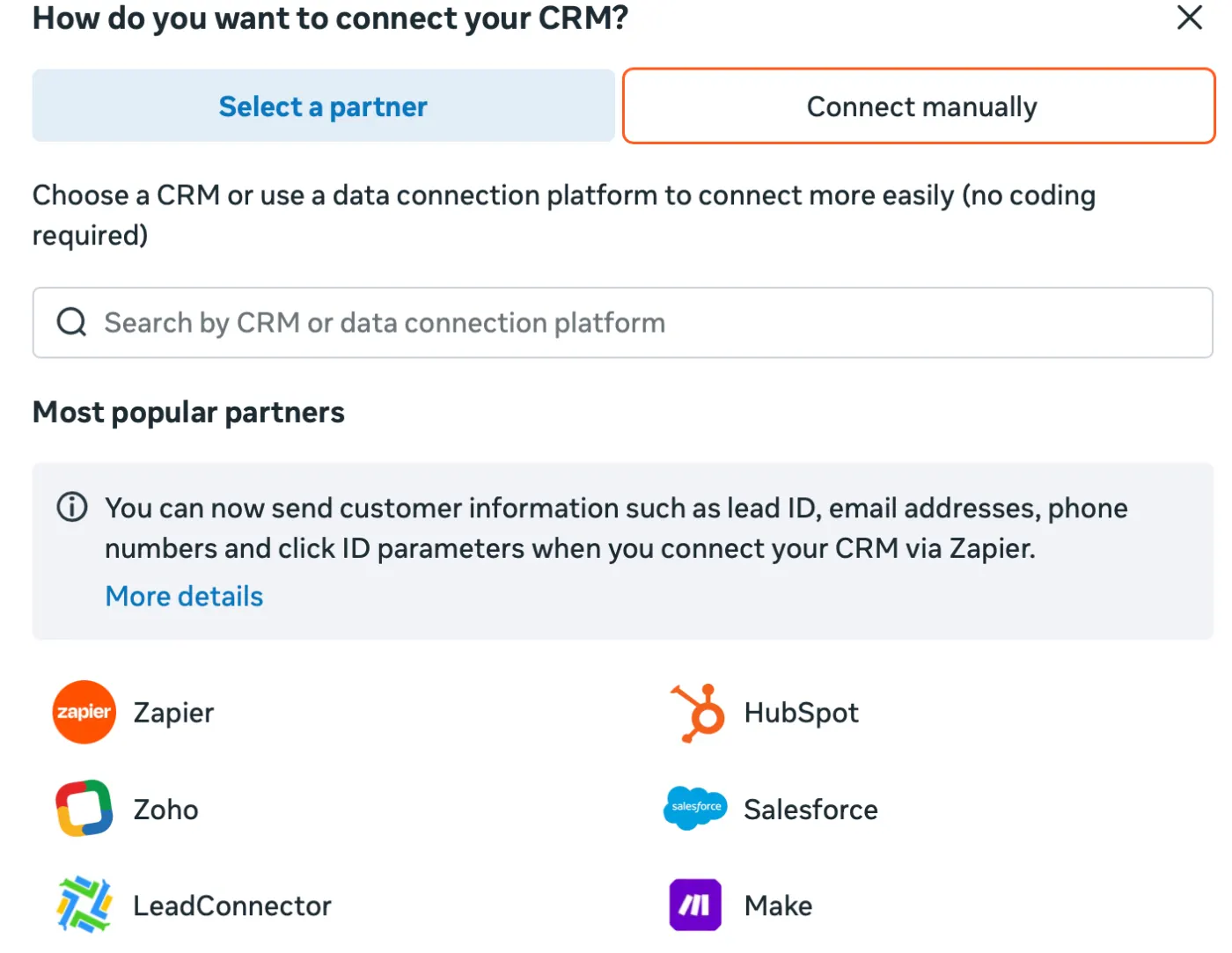 Meta asking how you want to connect your CRM, with the Select a partner and Connect manually tabs above the list of popular partners