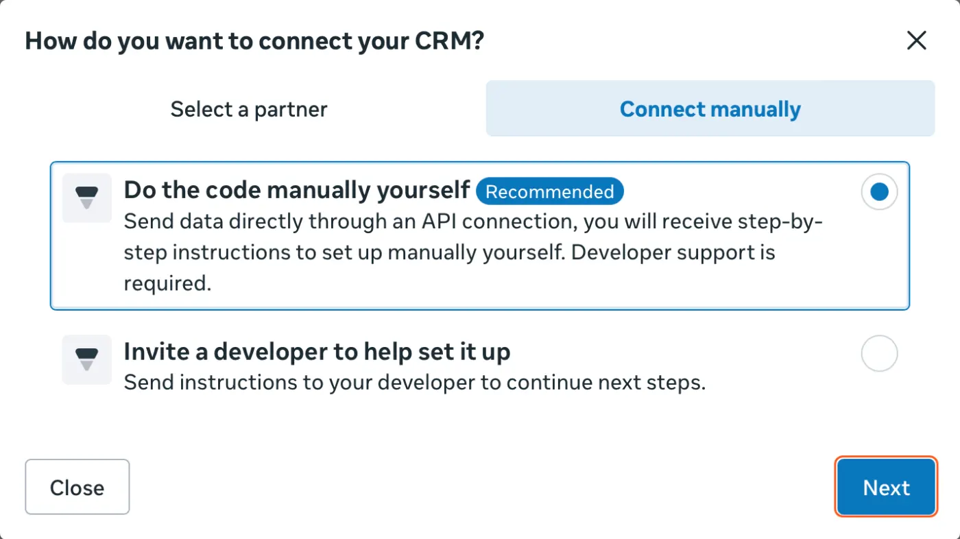 Meta’s Connect manually tab with Do the code manually yourself selected and the Next button