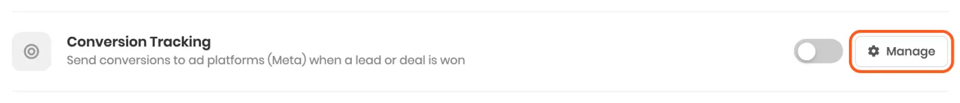 The Conversion Tracking row in ViveLead’s Account Configuration, with its Manage button