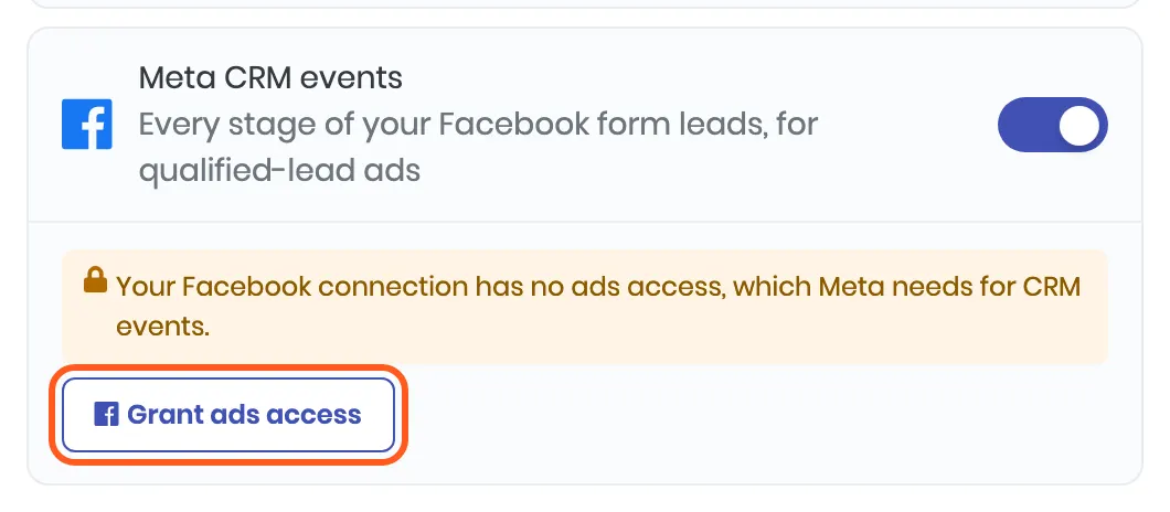 The Meta CRM events card switched on, saying the Facebook connection has no ads access, with a Grant ads access button