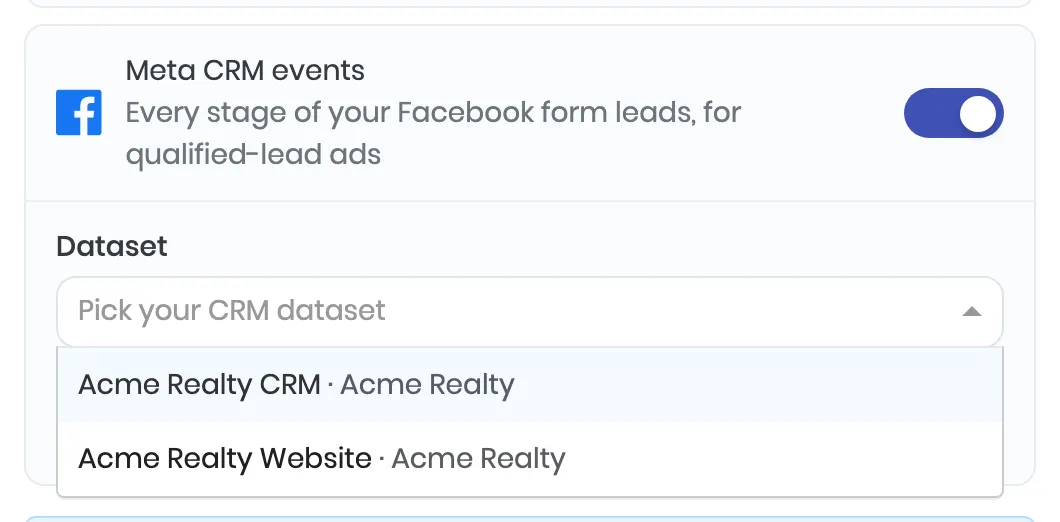 The Dataset dropdown on the Meta CRM events card, listing the datasets the Facebook login can send to