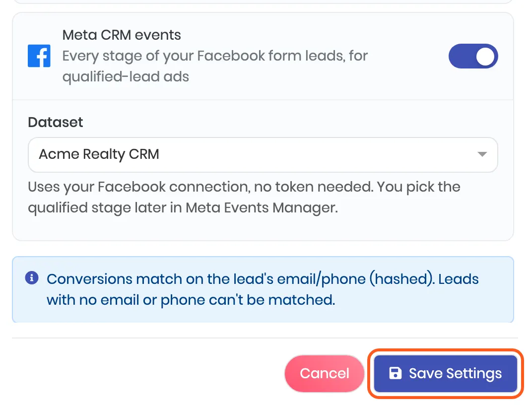 The Meta CRM events card with a dataset picked and the Save Settings button