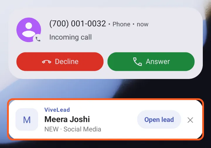 An incoming call on Android with the ViveLead card under it: Meera Joshi, NEW · Social Media, and an Open lead button. Outlined: the ViveLead card