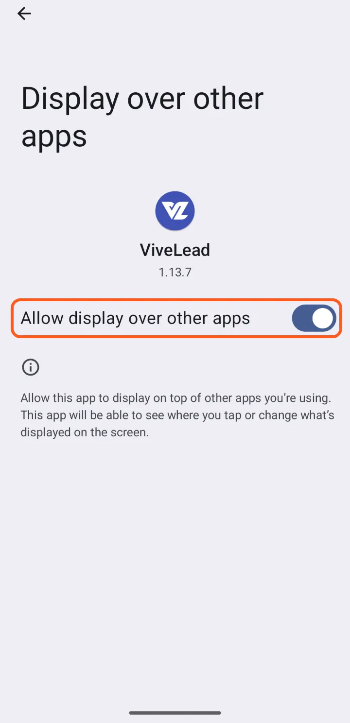 Turn on Allow display over other apps