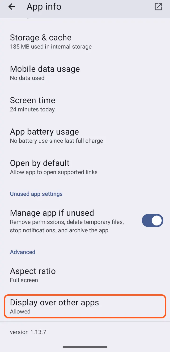 App info: Display over other apps says Allowed