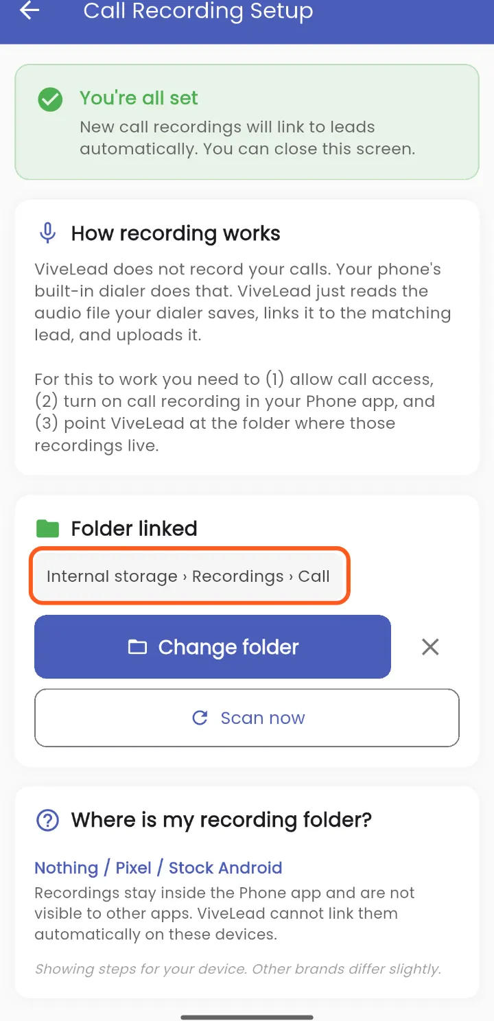 You're all set. Check the folder name under Folder linked