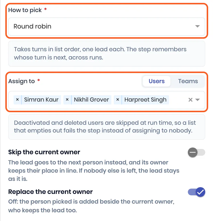 Assign owner set to Round robin across three users, with How to pick and Assign to outlined
