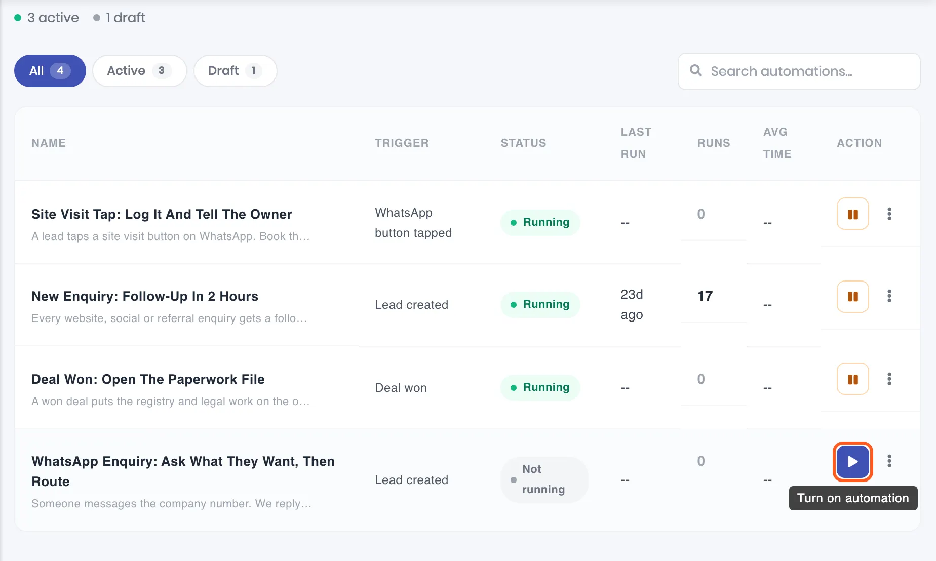 The Automations list with the play button outlined on a Not running workflow, showing its Turn on automation tooltip