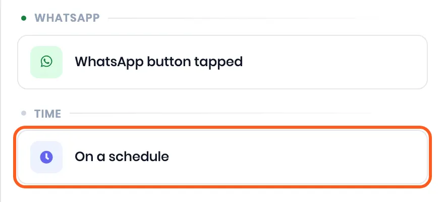 The Choose a trigger panel scrolled to the Time group, with On a schedule outlined