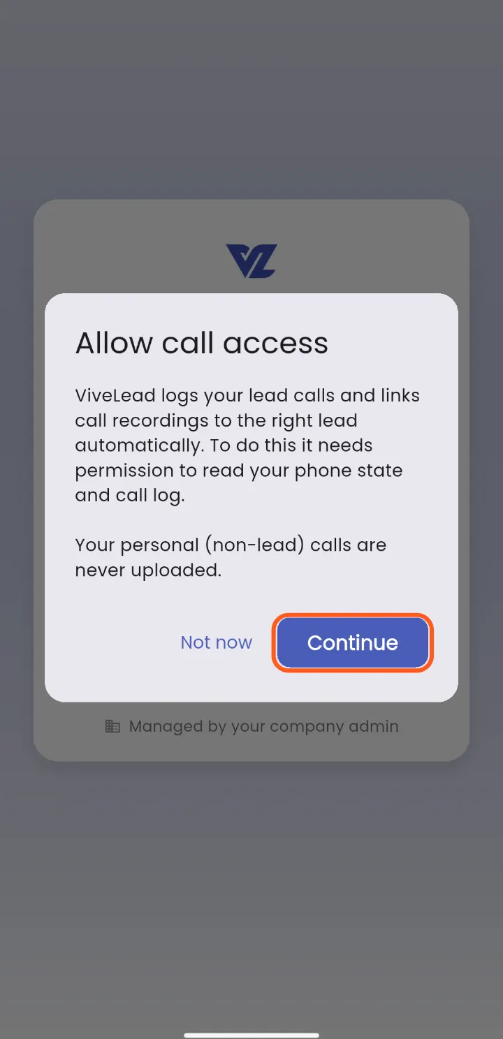 Allow call access: tap Continue
