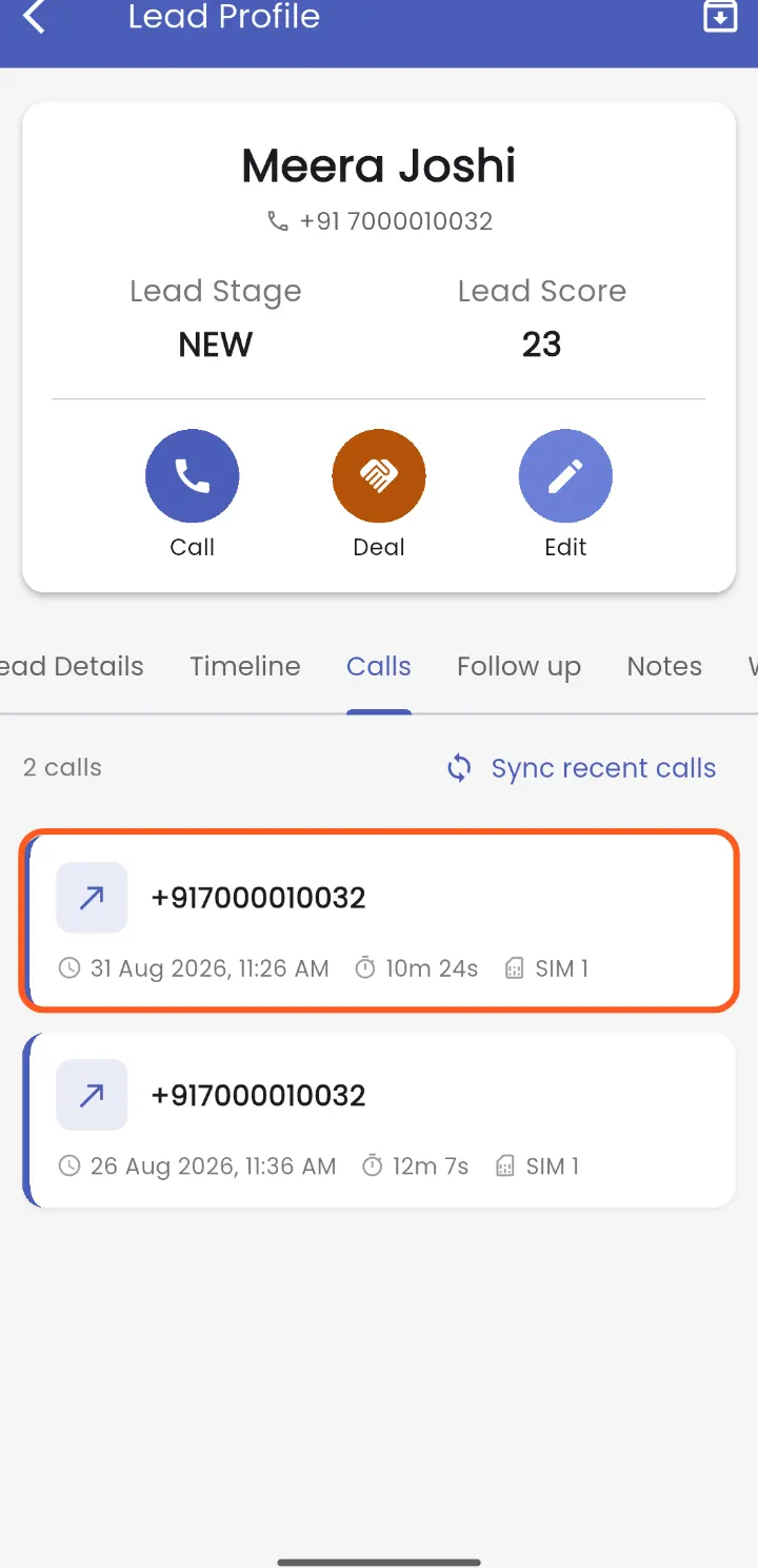 The call shows under Calls by itself