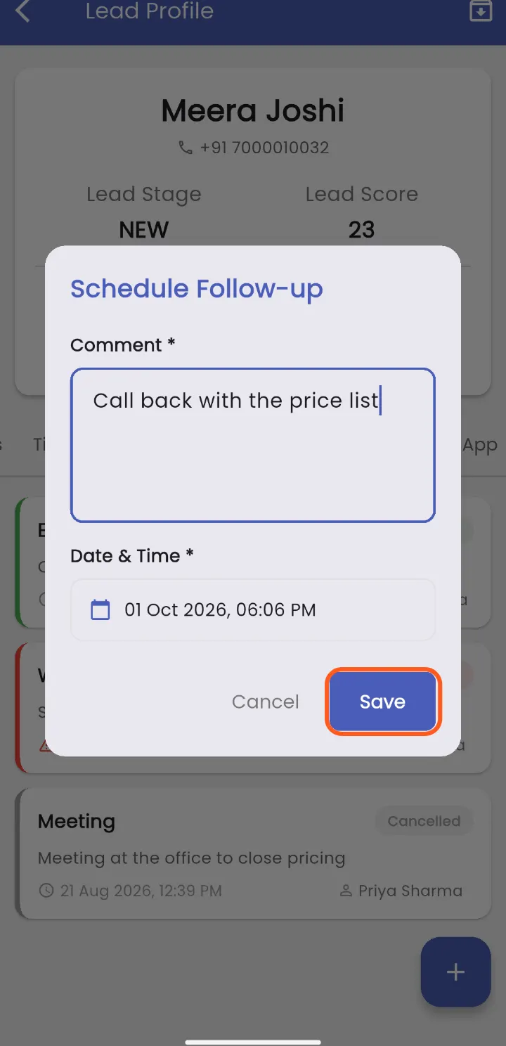 Write the next step, pick the time, tap Save
