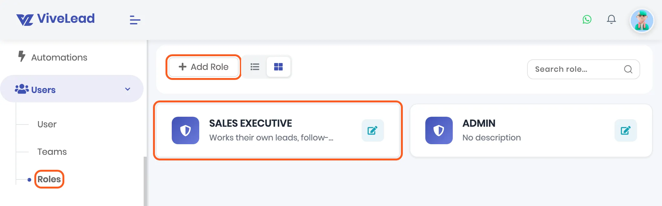 The Roles page under Users, with the SALES EXECUTIVE and ADMIN role cards. Outlined: Roles in the sidebar, the Add Role button and the SALES EXECUTIVE card