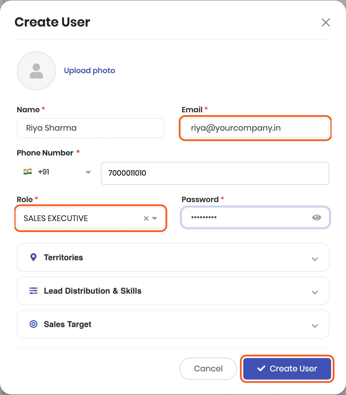 The Create User dialog filled in for a new rep, with SALES EXECUTIVE as the Role. Outlined: Email, Role and Create User