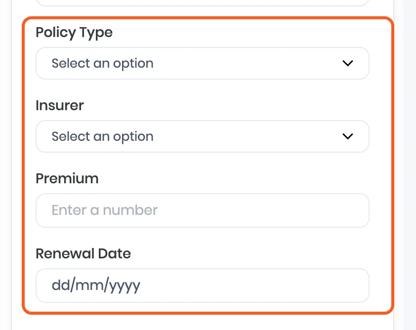 The lead form preview with four new fields: Policy Type, Insurer, Premium and Renewal Date. Outlined: the four fields