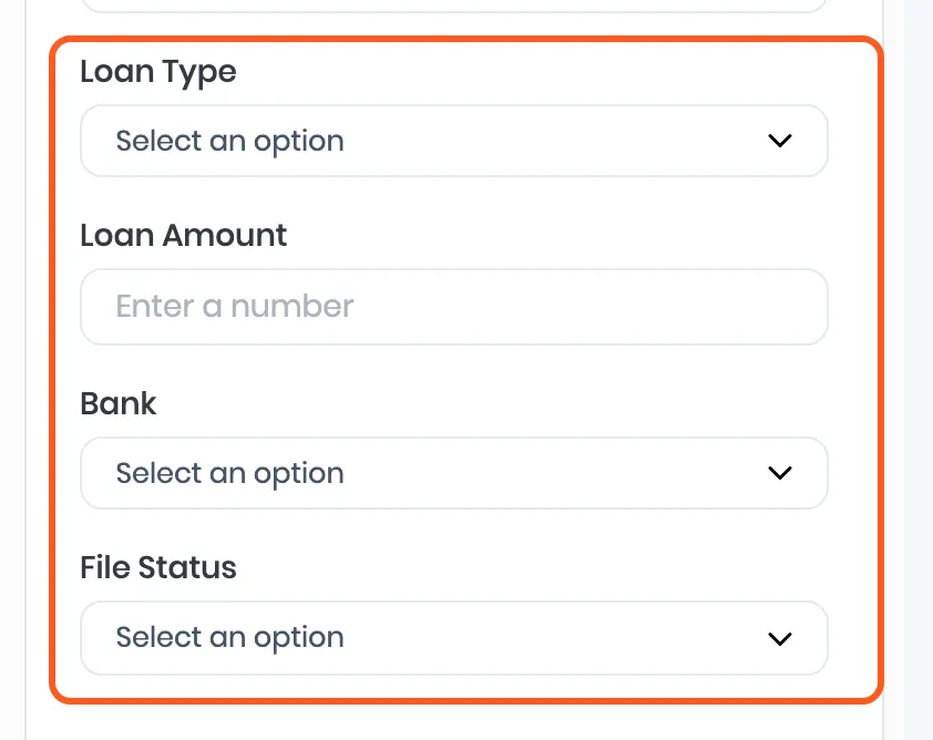 The lead form preview with four new fields: Loan Type, Loan Amount, Bank and File Status. Outlined: the four fields