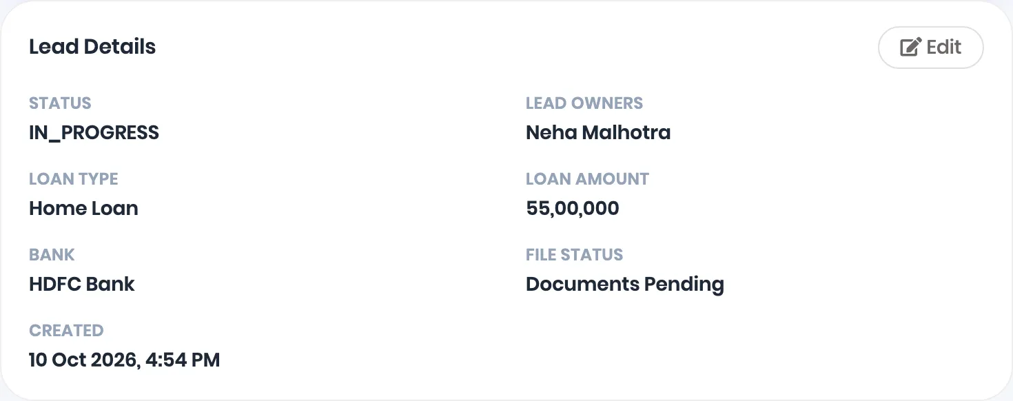A borrower's Lead Details: owner Neha Malhotra, Loan Type Home Loan, Loan Amount 55,00,000, Bank HDFC Bank, File Status Documents Pending